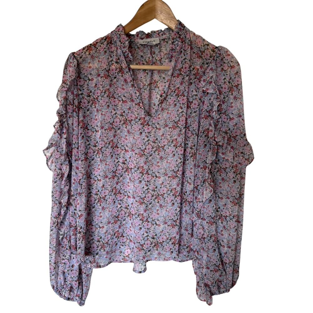 Evereve Floral Ruffle Blouse Women S Pink Blue Excellent V-Neck Long Sleeve